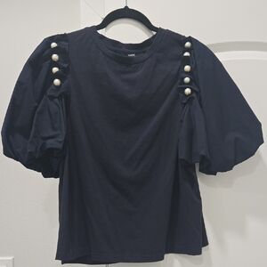 SHEIN Navy Blue Puff Sleeve Blouse with Pearl Accents